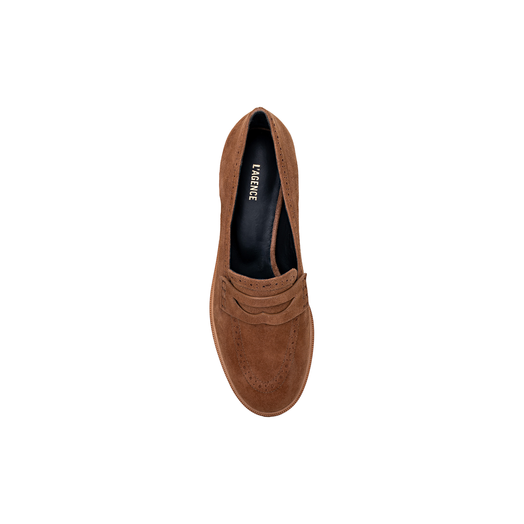 Top view of a single Avriel Brogue Loafer in tan suede with an almond toe and perforated detailing, featuring a black insole labeled LAFERINE, displayed on a plain white background.