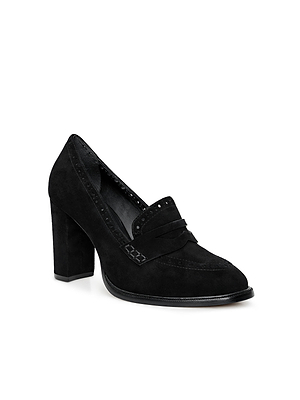 The Bea Brogue Block-Heel Loafer is a black suede women's shoe featuring classic penny loafer detailing and a chunky block heel, shown here as a single statement piece on a white background.