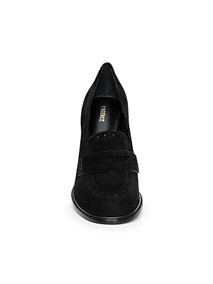 Front view of the Bea Brogue Block-Heel Loafer in black suede with a decorative strap, ideal as a women's statement shoe, displayed on a white background.