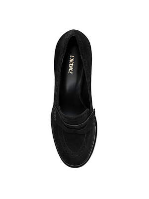 Top view of the Bea Brogue Block-Heel Loafer in black suede, featuring a rounded toe, decorative front strip, and “LAGENCE” gold insole branding—a chic women’s statement shoe for any wardrobe.