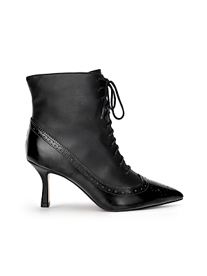 The Fayette Lace-Up Bootie is a black leather ankle boot with a pointed toe, mid stiletto heel, vintage brogue detailing, decorative perforations, and a memory foam insole, shown against a white background.
