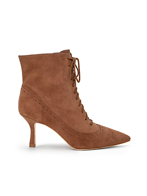The Fayette Lace-Up Bootie is a brown suede ankle boot with a pointed toe, lace-up front, vintage brogue heel detailing, and a slender mid-height heel, shown in profile on a white background.