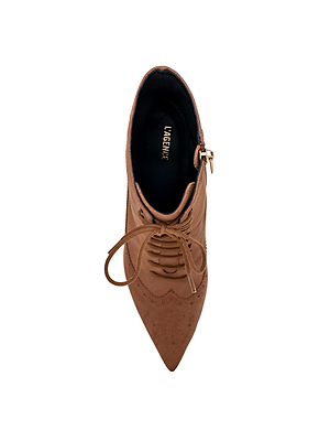 Top view of the Fayette Lace-Up Bootie in tan suede with a pointed toe, decorative perforations, side gold zipper, and memory foam insole. HARENCE branding appears in gold on the black insole.