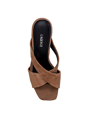Top view of the Mirabelle Suede Sandal in tan, with crisscross straps and a square toe, featuring LAGENCE on the black memory foam insole.