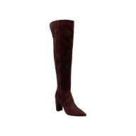 The Nanette Boot is a single mahogany brown suede over-the-knee boot featuring a pointed toe and chunky high heel, displayed against a plain white background.