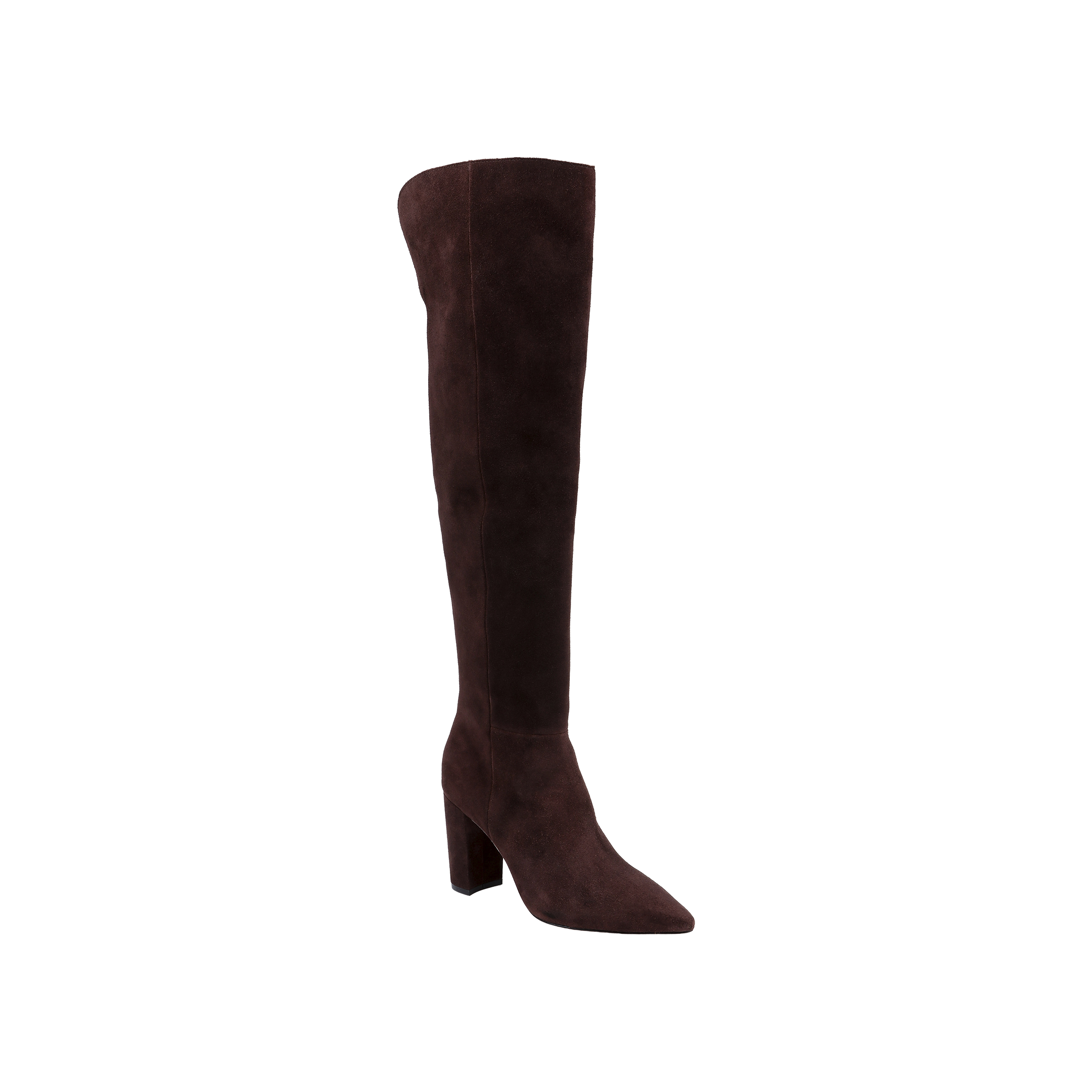 The Nanette Boot is a single mahogany brown suede over-the-knee boot featuring a pointed toe and chunky high heel, displayed against a plain white background.