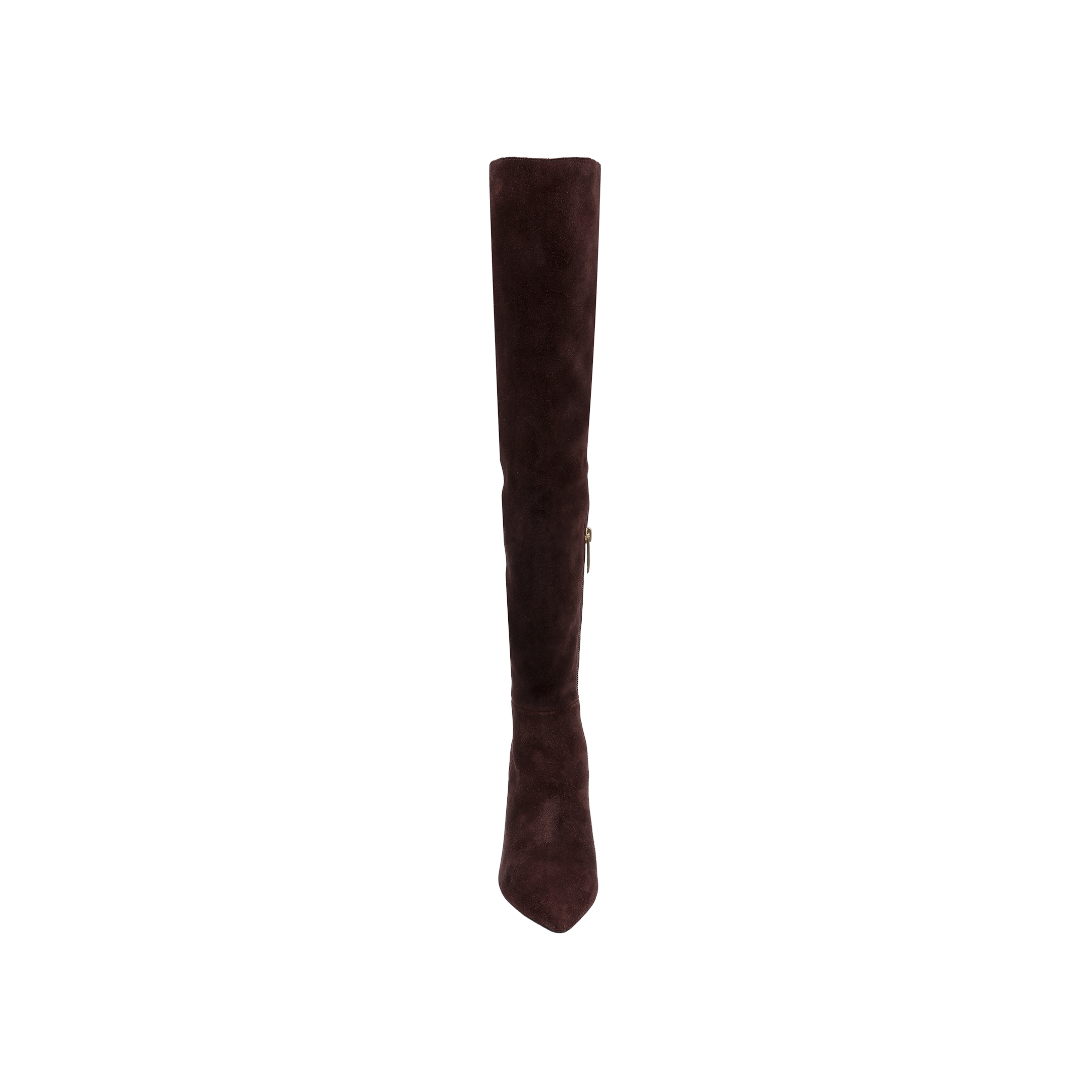 Introducing the Nanette Boot: a single, tall over-the-knee boot crafted from mahogany brown suede with a pointed toe and high heel, displayed front-facing against a plain white background.