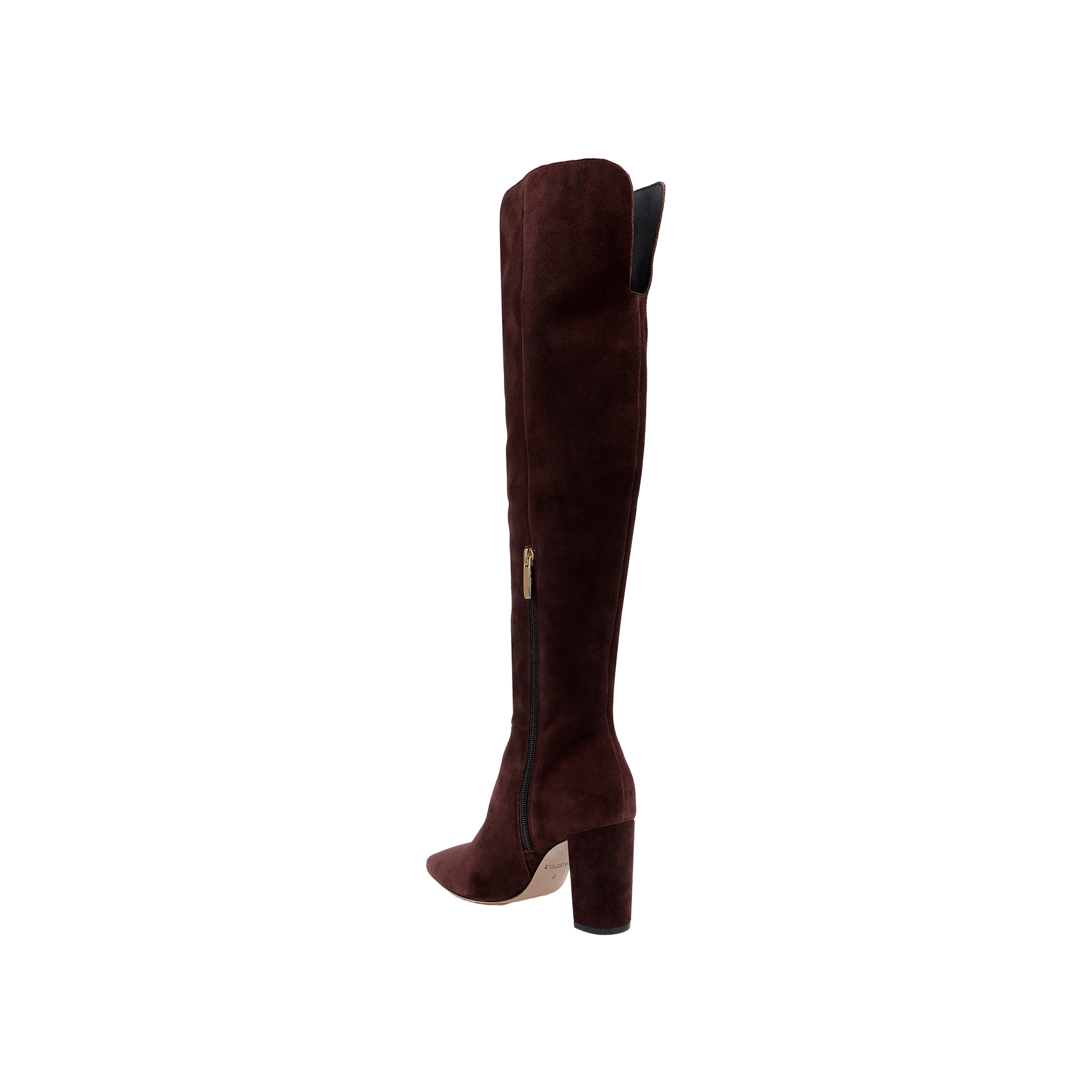 The Nanette Boot, a single mahogany brown suede over-the-knee style featuring a thick high heel, side zipper, and slightly pointed toe, is displayed on a white background.