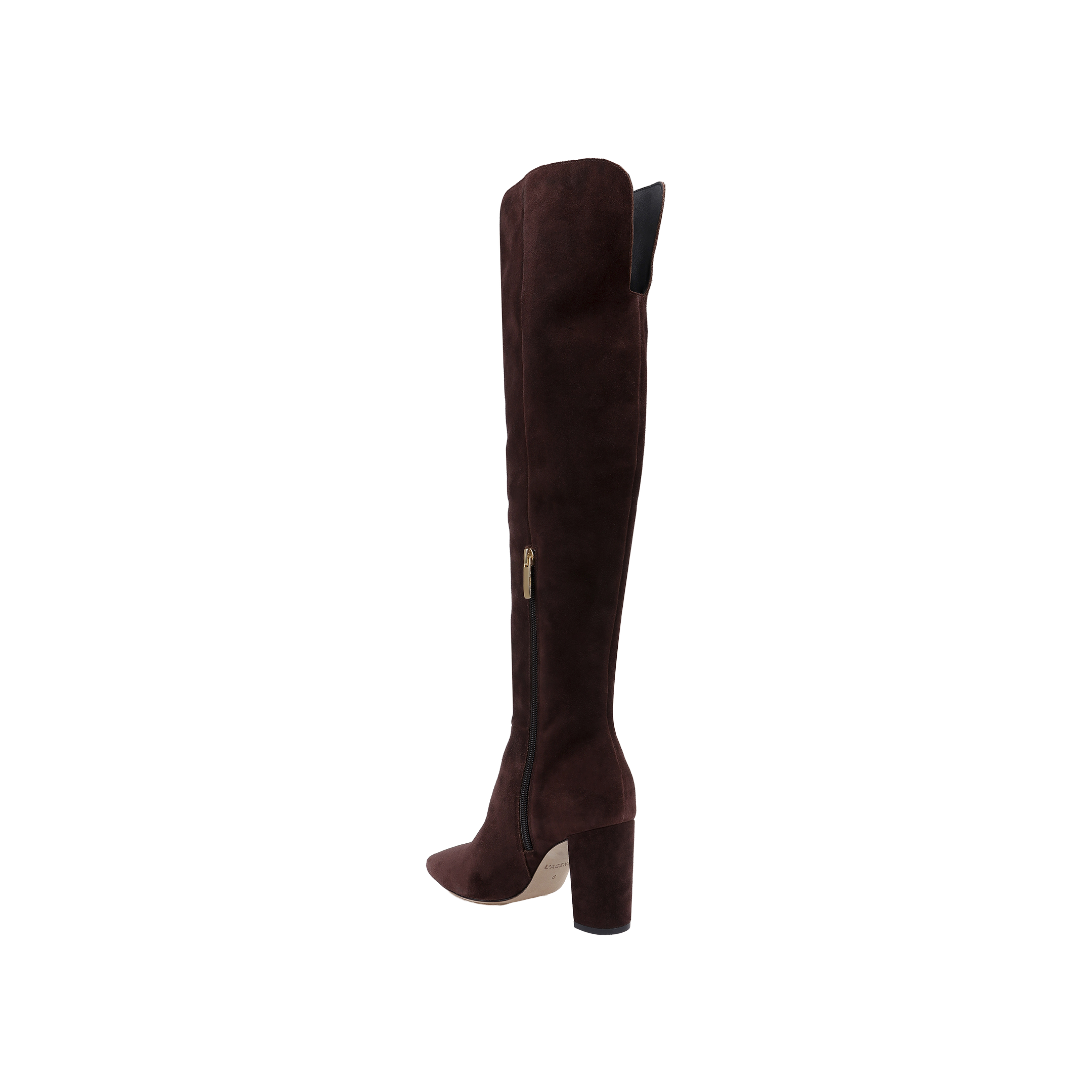 The Nanette Boot, a single mahogany brown suede over-the-knee style featuring a thick high heel, side zipper, and slightly pointed toe, is displayed on a white background.