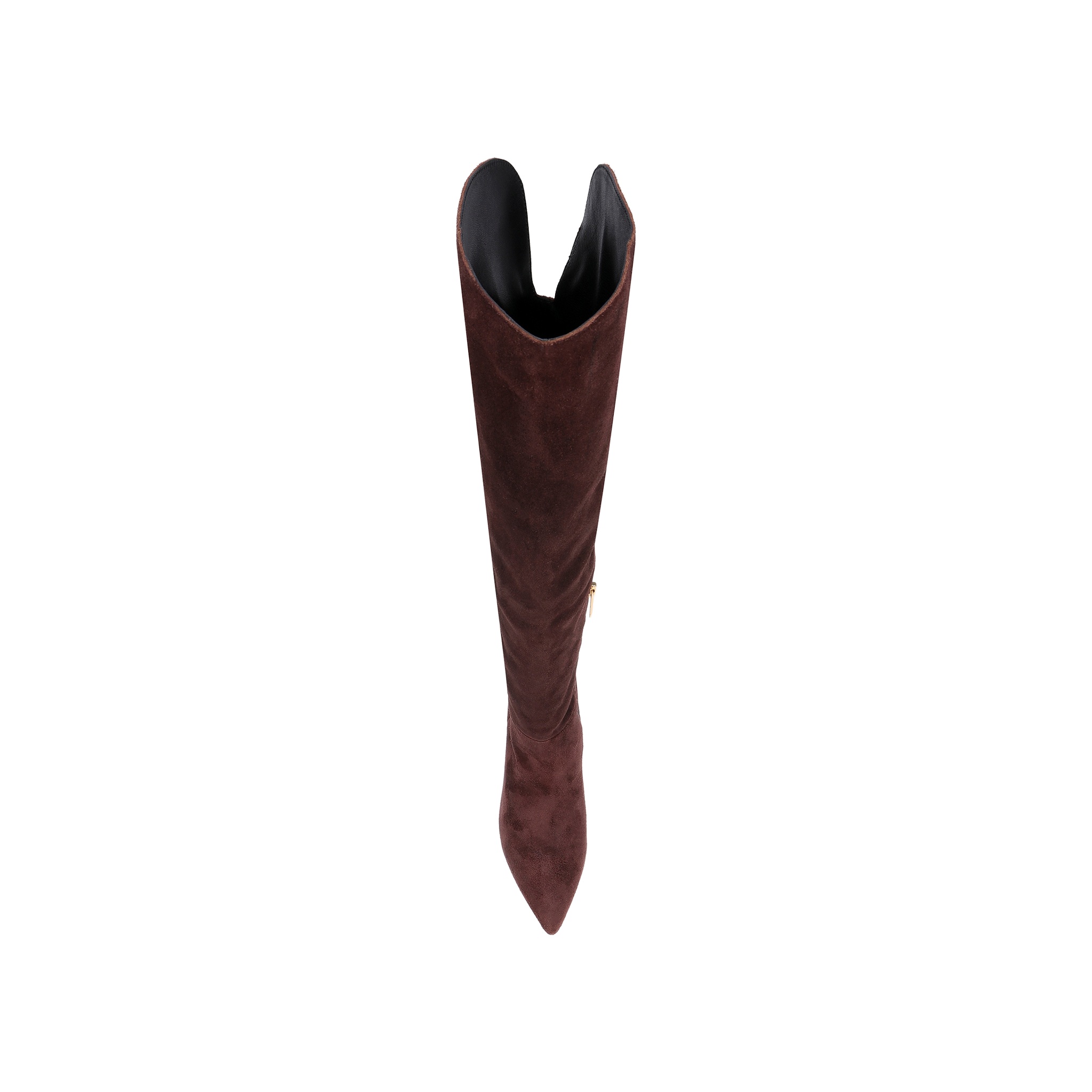The Nanette Boot is a single tall over-the-knee boot in mahogany brown suede, shown from above with a pointed toe and wide opening against a light background.