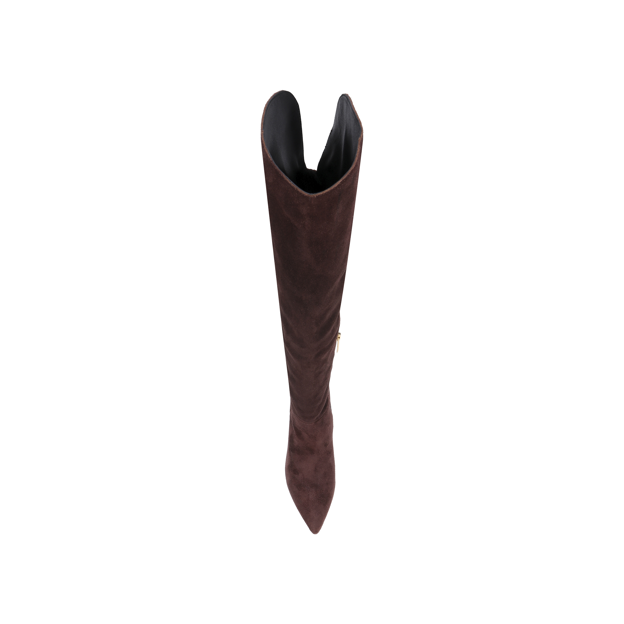 The Nanette Boot is a single tall over-the-knee boot in mahogany brown suede, shown from above with a pointed toe and wide opening against a light background.