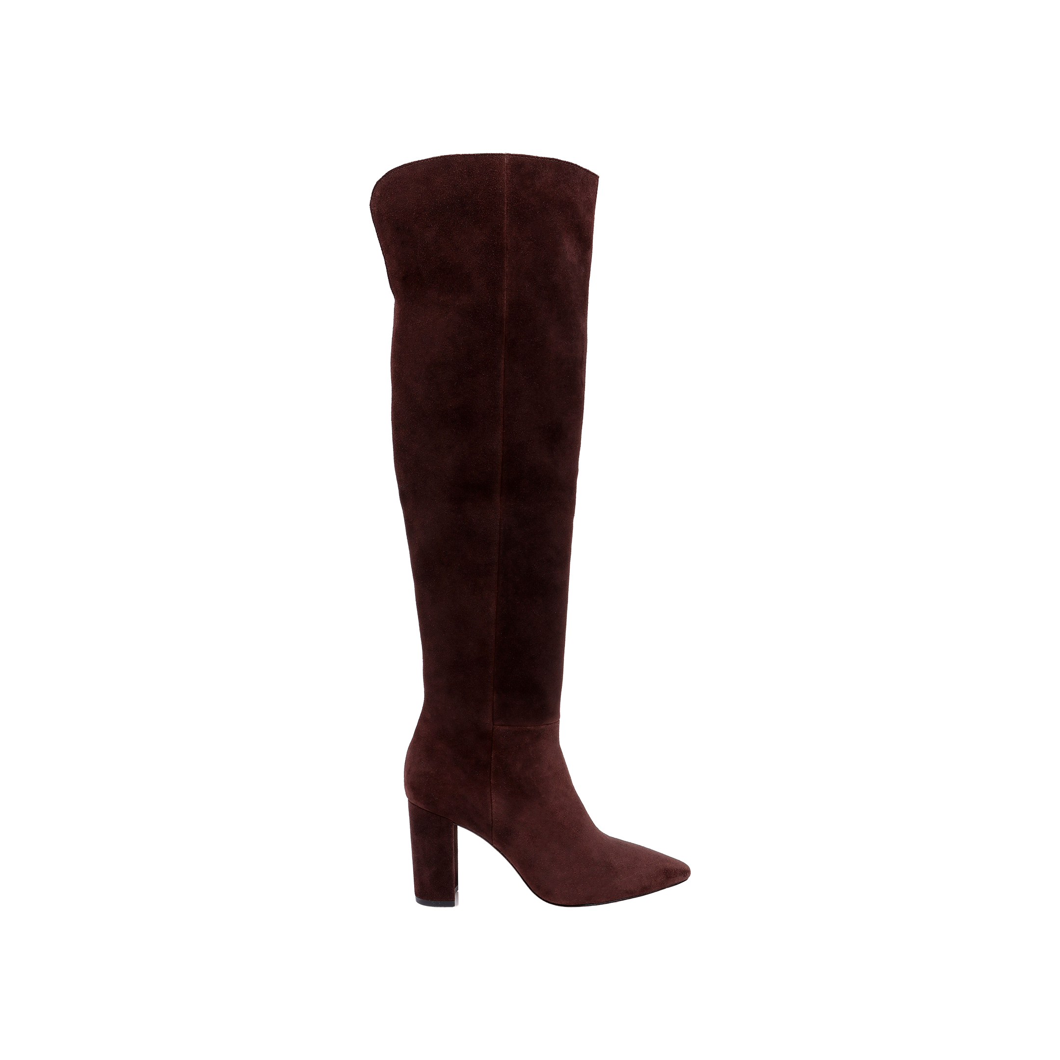 The Nanette Boot, crafted from mahogany brown suede, features a high block heel and pointed toe in an over-the-knee silhouette, shown against a plain white background.