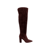 The Nanette Boot, crafted from mahogany brown suede, features a high block heel and pointed toe in an over-the-knee silhouette, shown against a plain white background.