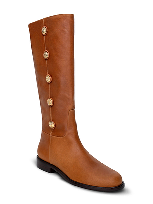 The Oceana Riding Boot is a tall cognac leather boot featuring a flat black sole and five gold lion-embossed buttons along the outer side.
