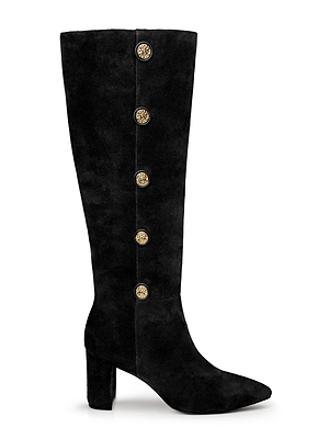 The Octavie Knee-High Boot by L'AGENCE is a black suede boot with a mid-block heel and five gold buttons vertically accenting the outer side.