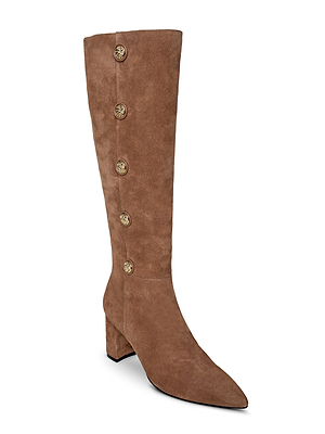 The Octavie Knee-High Boot is made from tan suede and features a pointed toe, block heel, and five decorative gold buttons along the outer side.