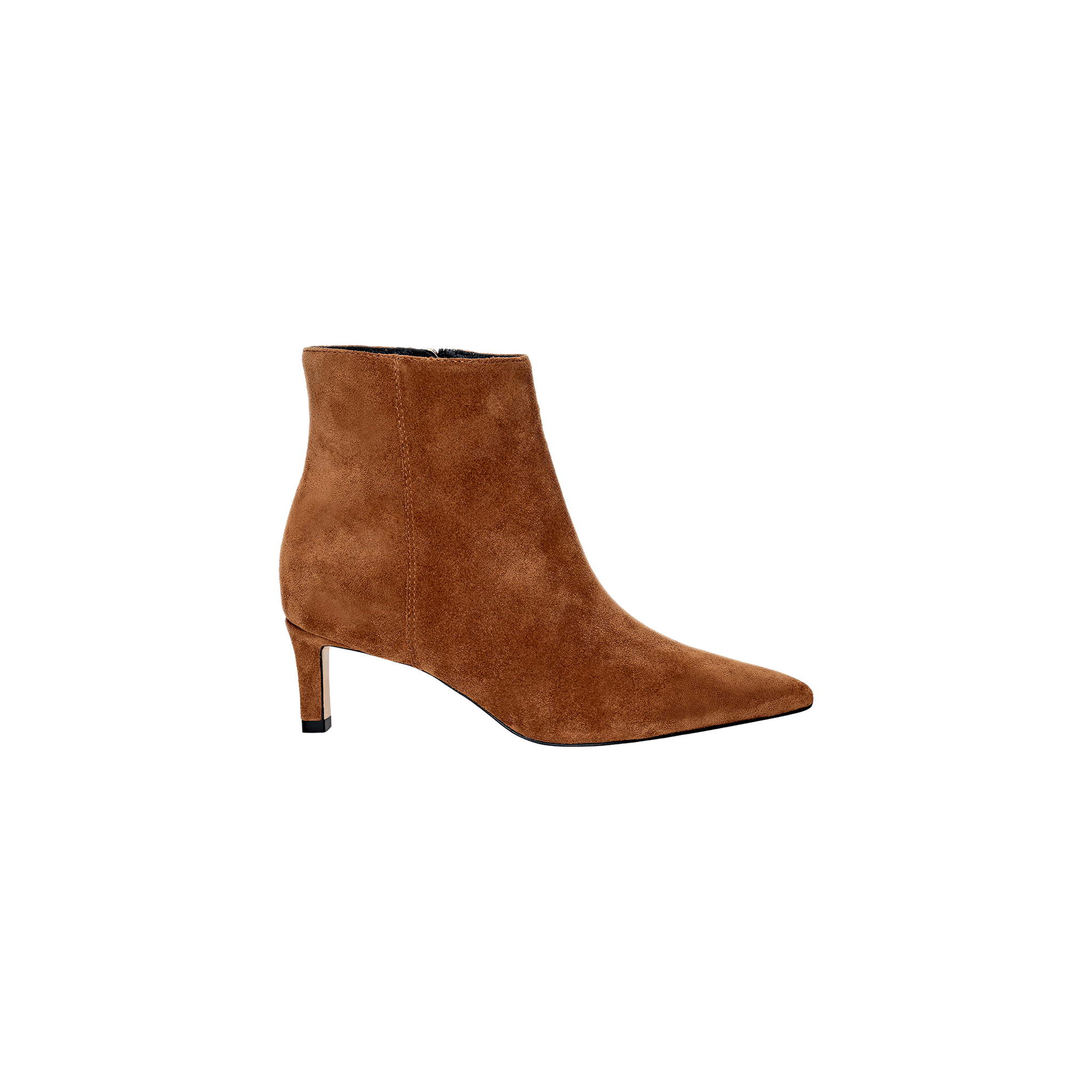 Lilly Kitten-Heel Bootie in brown suede, featuring a pointed toe and a mid-height, slender kitten heel, displayed in profile against a plain white background.
