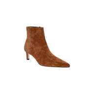 The Lilly Kitten-Heel Bootie is a brown suede boot featuring a pointed toe and a mid-height kitten heel, displayed against a plain white background.