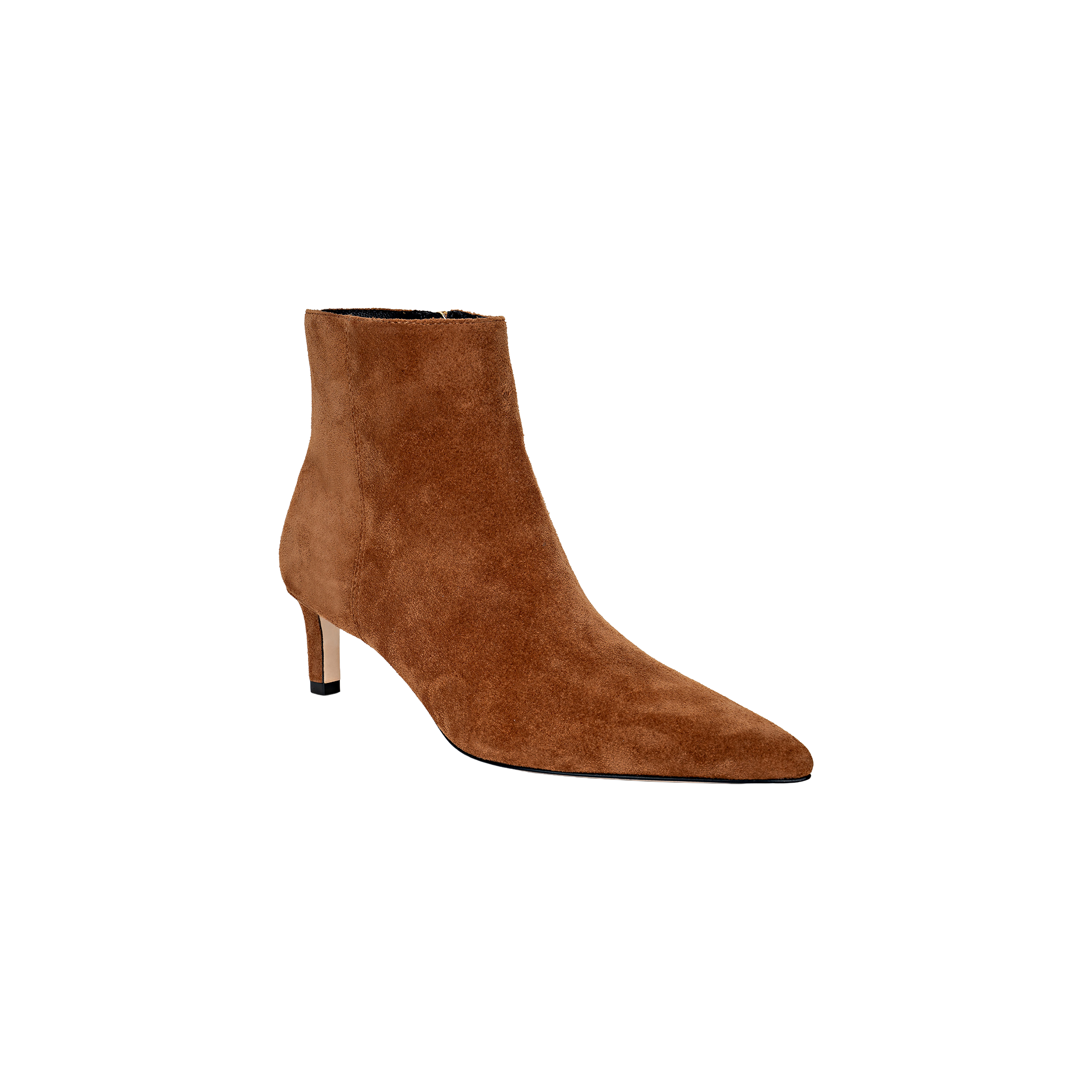 The Lilly Kitten-Heel Bootie is a brown suede boot featuring a pointed toe and a mid-height kitten heel, displayed against a plain white background.