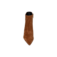 The Lilly Kitten-Heel Bootie, a single brown suede city boot featuring a pointed toe and side zipper, is shown from above against a plain white background.