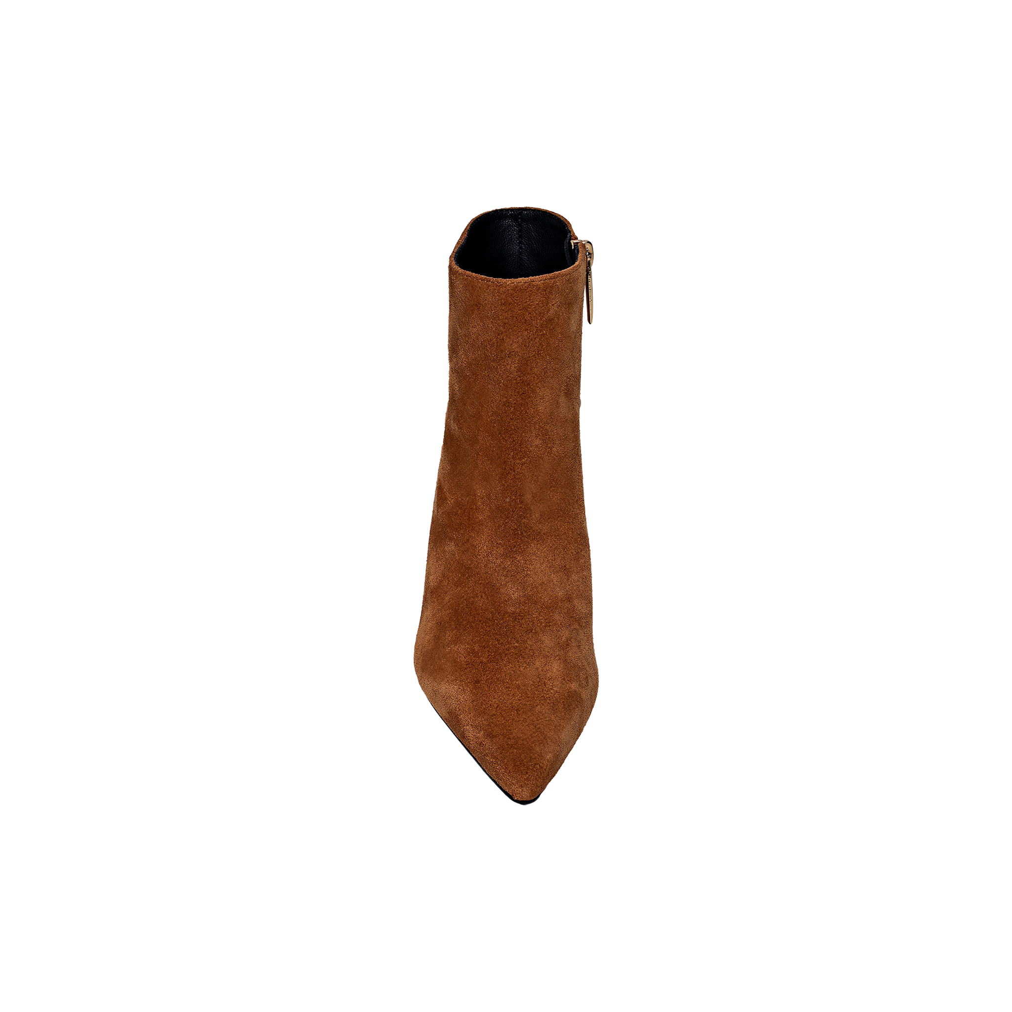 The Lilly Kitten-Heel Bootie, a single brown suede city boot featuring a pointed toe and side zipper, is shown from above against a plain white background.