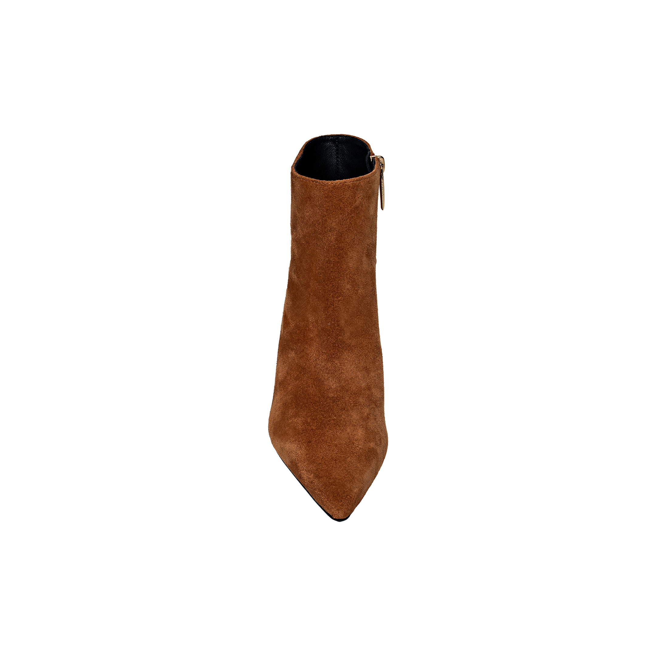 The Lilly Kitten-Heel Bootie, a single brown suede city boot featuring a pointed toe and side zipper, is shown from above against a plain white background.