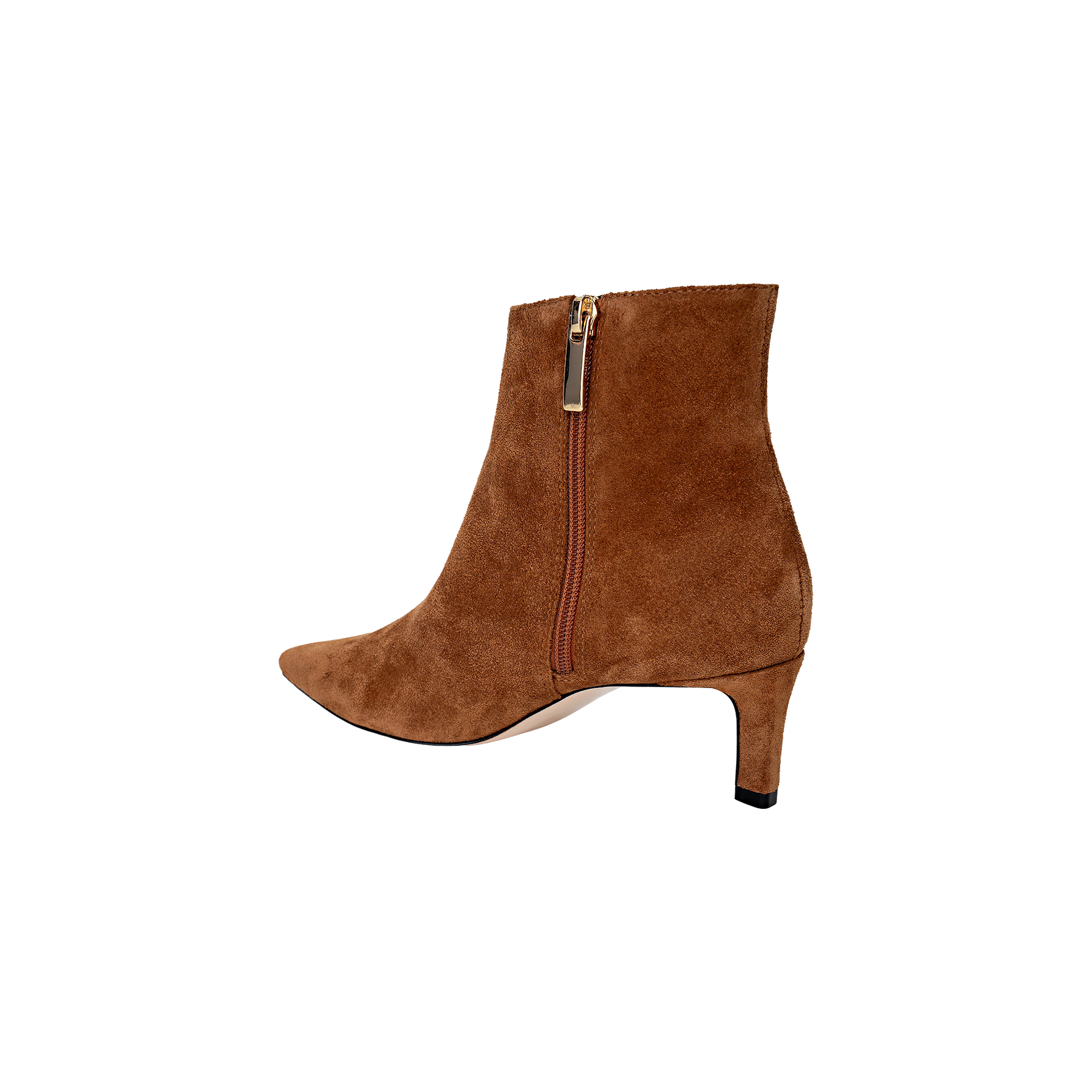 The Lilly Kitten-Heel Bootie is a brown suede ankle boot featuring a pointed toe, side zipper, and a mid-height kitten heel, displayed on a plain white background.