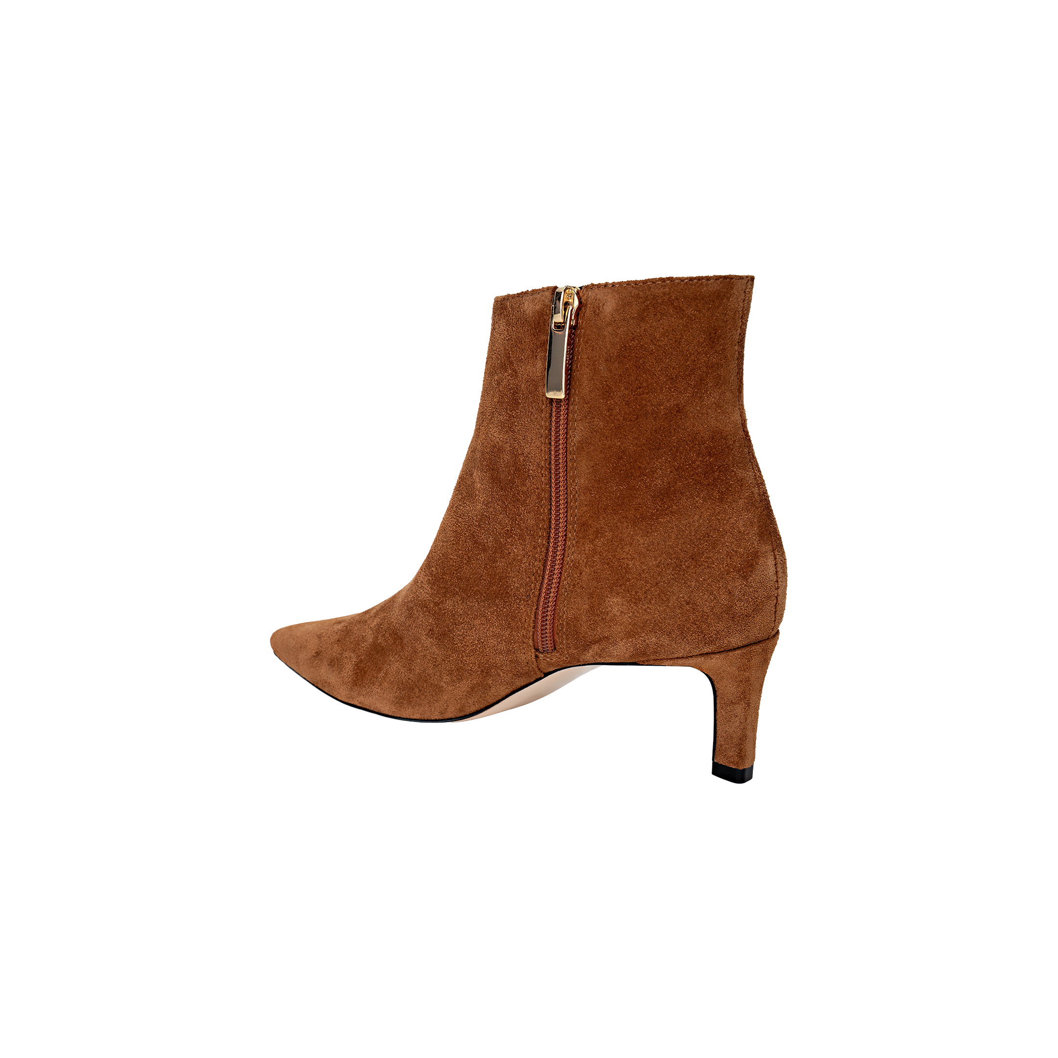 The Lilly Kitten-Heel Bootie is a brown suede ankle boot featuring a pointed toe, side zipper, and a mid-height kitten heel, displayed on a plain white background.