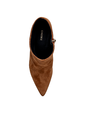 Top view of a single brown suede Lilly Kitten-Heel Bootie with pointed toe and side zipper on a white background. The black inner sole is labeled LAGENCE.