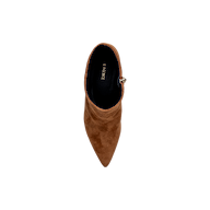 A top view of a single Lilly Kitten-Heel Bootie in brown suede features a pointed toe, kitten heel, and black interior with the brand name LANCHINI visible inside. The boot is centered on a plain white background.