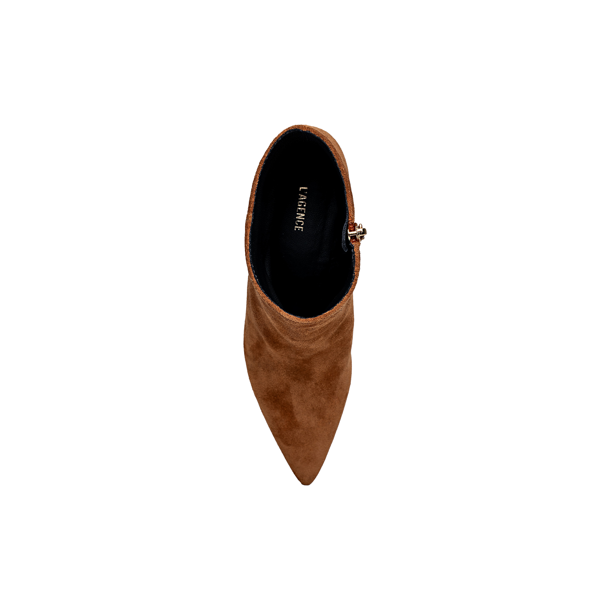 A top view of a single Lilly Kitten-Heel Bootie in brown suede features a pointed toe, kitten heel, and black interior with the brand name LANCHINI visible inside. The boot is centered on a plain white background.