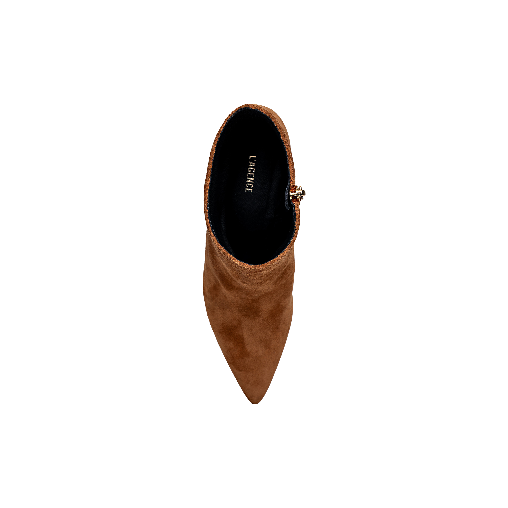 A top view of a single Lilly Kitten-Heel Bootie in brown suede features a pointed toe, kitten heel, and black interior with the brand name LANCHINI visible inside. The boot is centered on a plain white background.