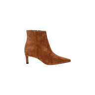 The Lilly Kitten-Heel Bootie in brown suede features a pointed toe and a mid-height kitten heel, displayed in side profile against a plain white background.