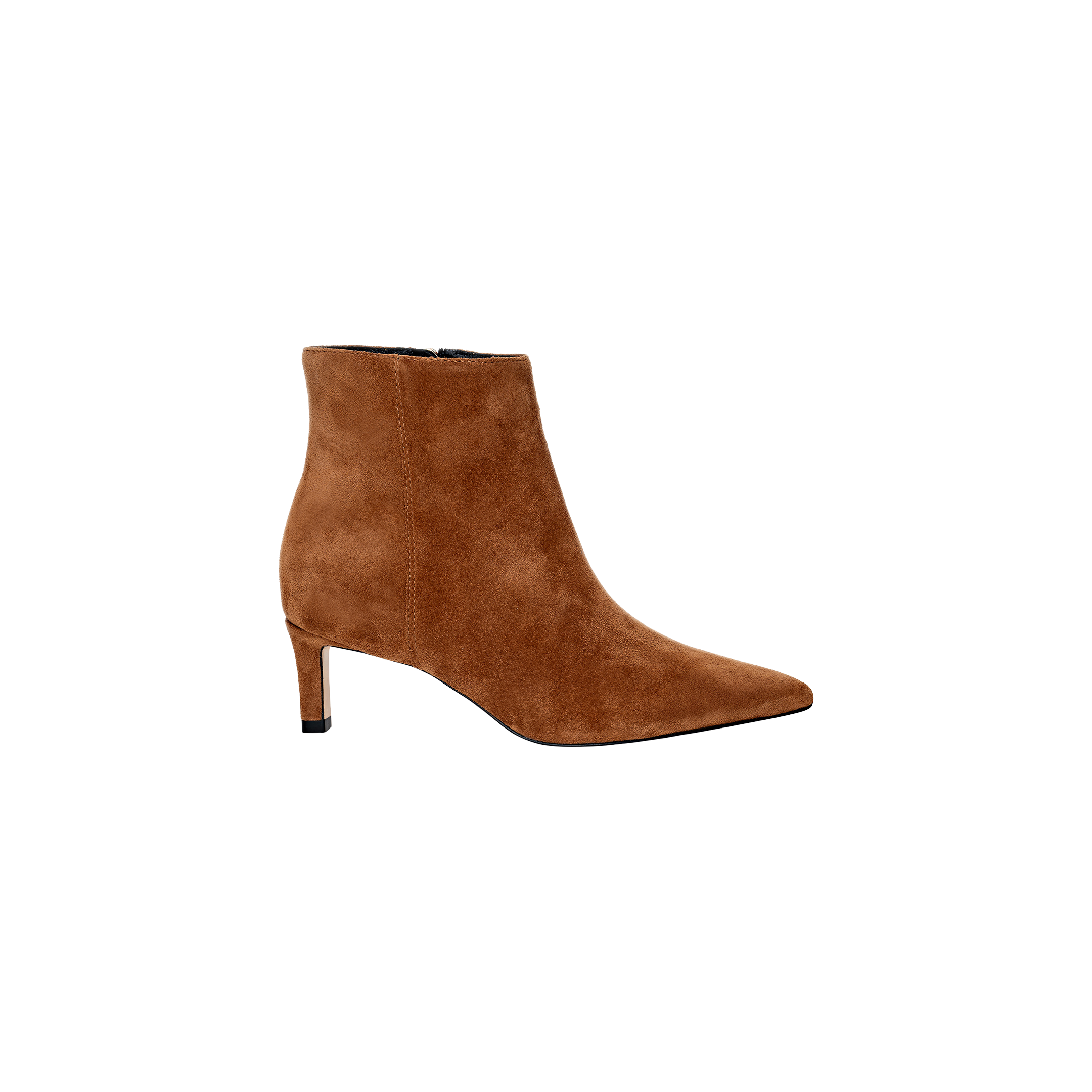 The Lilly Kitten-Heel Bootie in brown suede features a pointed toe and a mid-height kitten heel, displayed in side profile against a plain white background.