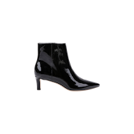 The Lilly Kitten-Heel Bootie, crafted in shiny black patent leather with a pointed toe and a mid-height kitten heel, is displayed on a plain white background.