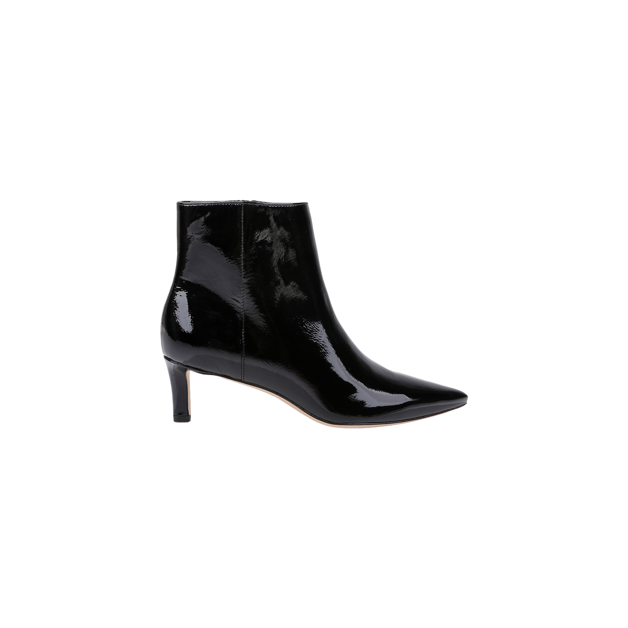 The Lilly Kitten-Heel Bootie, crafted in shiny black patent leather with a pointed toe and a mid-height kitten heel, is displayed on a plain white background.
