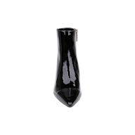 The Lilly Kitten-Heel Bootie, crafted from shiny black patent leather, features a pointed toe and a side zipper. It is shown from the front against a plain white background.