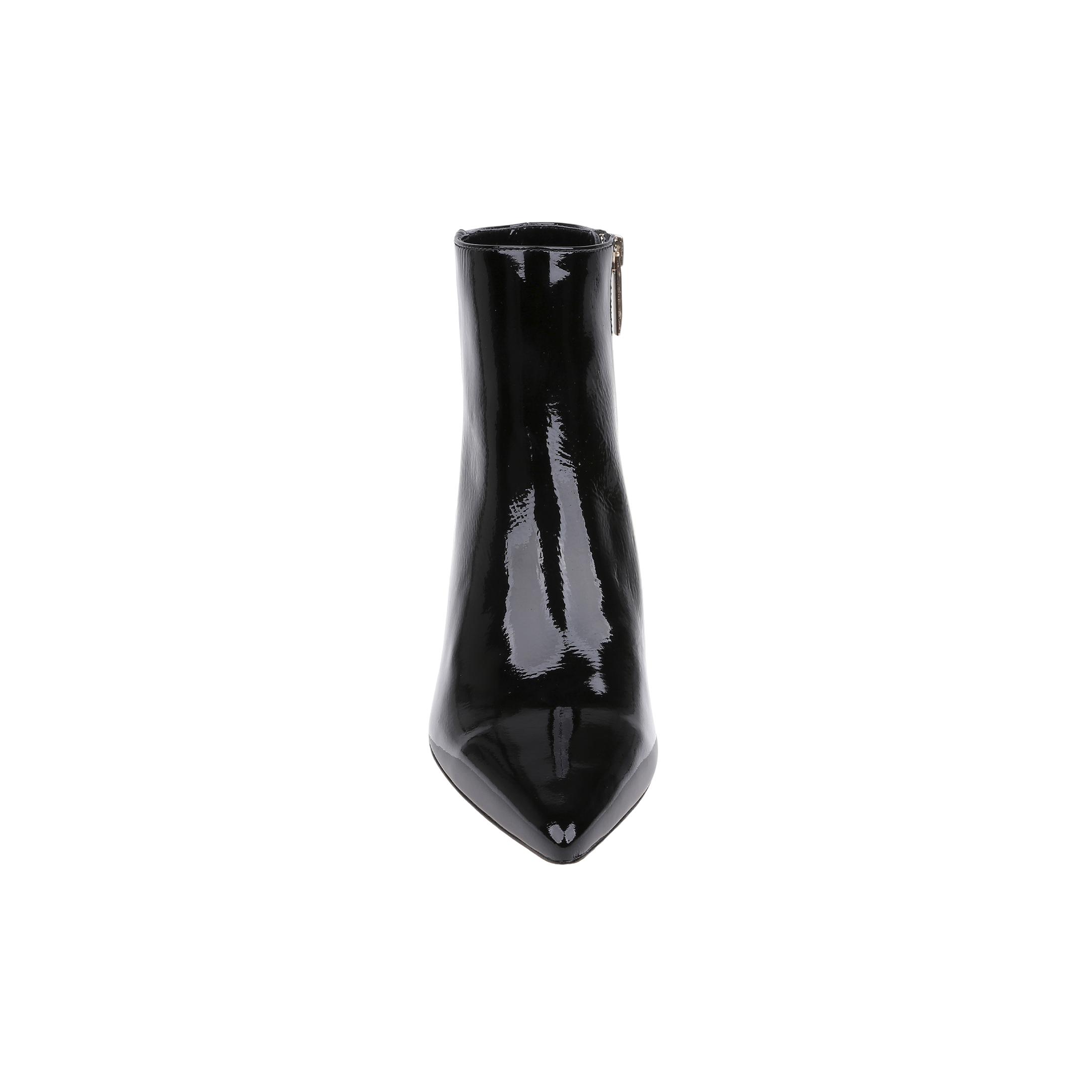 The Lilly Kitten-Heel Bootie, crafted from shiny black patent leather, features a pointed toe and a side zipper. It is shown from the front against a plain white background.