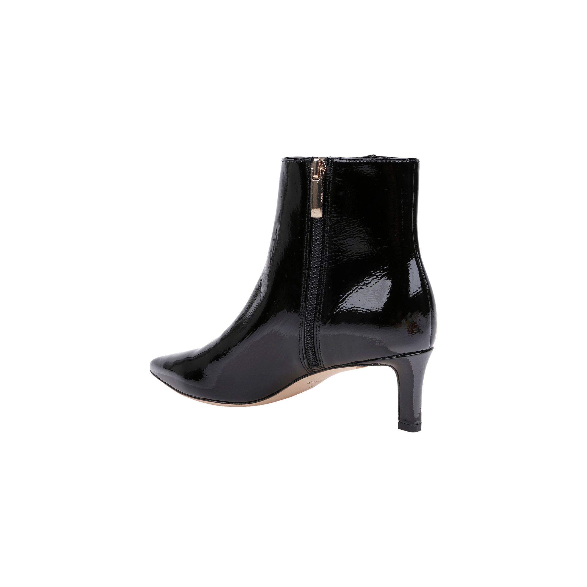The Lilly Kitten-Heel Bootie, crafted from shiny black patent leather, features a pointed toe, a mid-height stiletto heel, and a convenient side zipper. It is displayed on a plain white background.