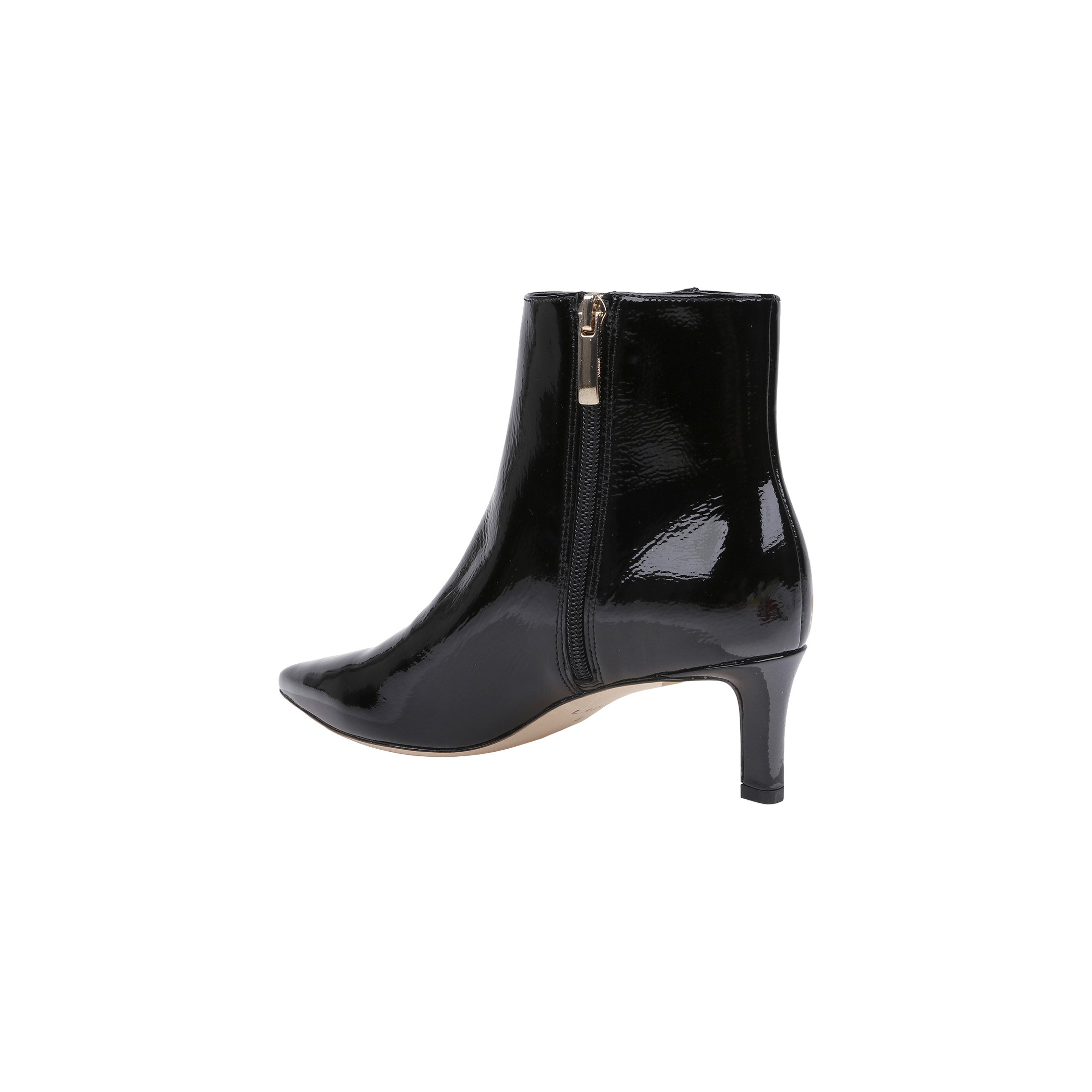 The Lilly Kitten-Heel Bootie, crafted from shiny black patent leather, features a pointed toe, a mid-height stiletto heel, and a convenient side zipper. It is displayed on a plain white background.