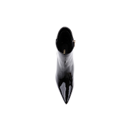 A top view of the Lilly Kitten-Heel Bootie in black patent leather, featuring a pointed toe and a side zipper, displayed on a plain white background.