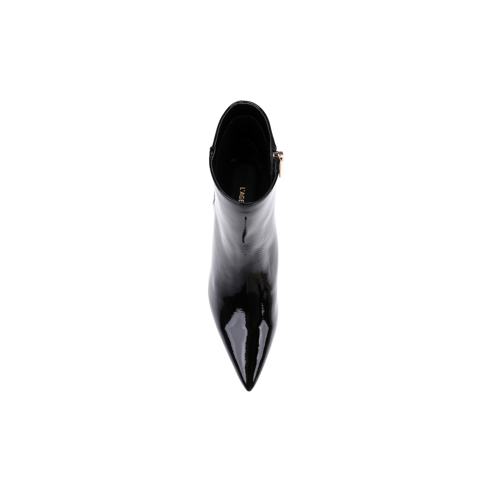 A top view of the Lilly Kitten-Heel Bootie in black patent leather, featuring a pointed toe and a side zipper, displayed on a plain white background.