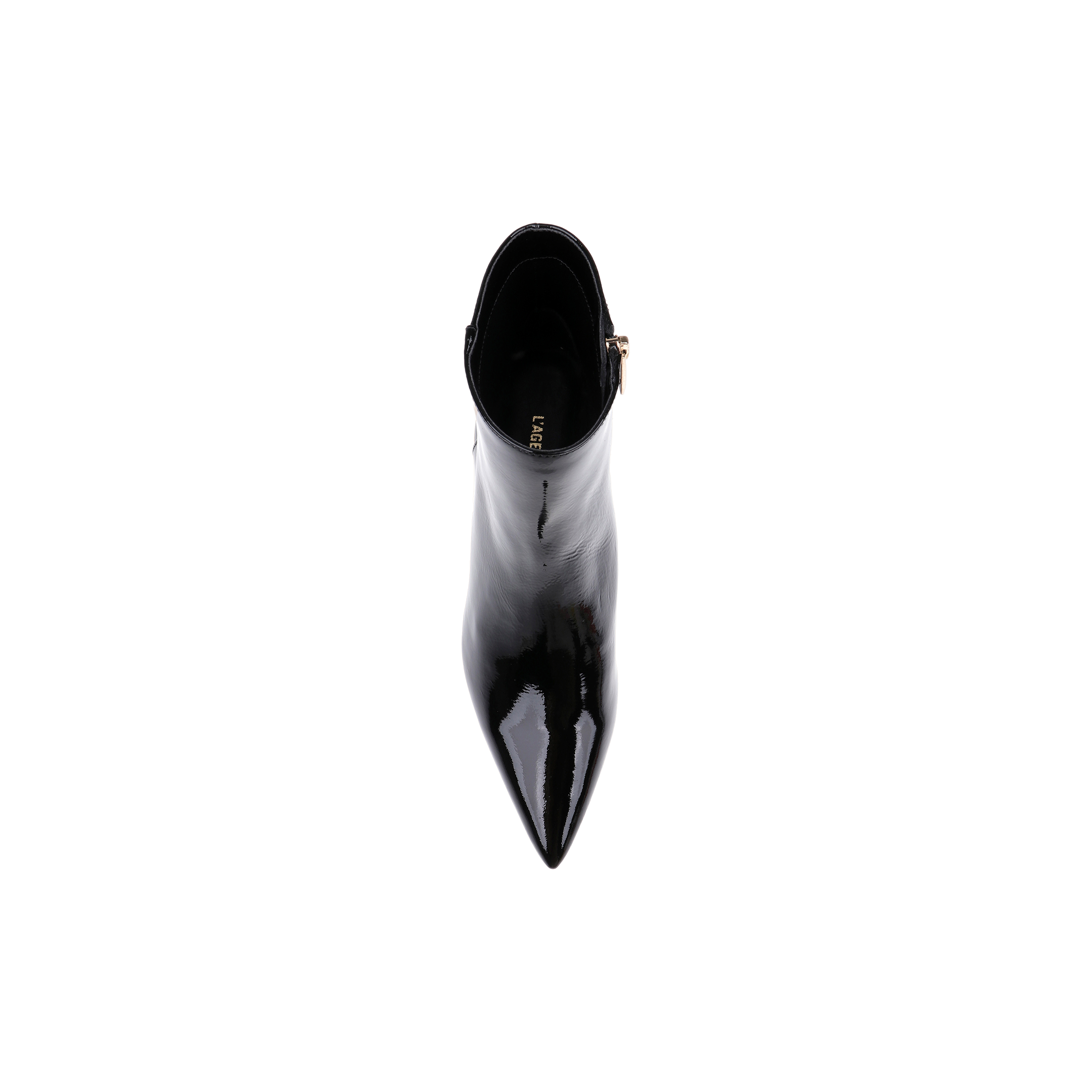 A top view of the Lilly Kitten-Heel Bootie in black patent leather, featuring a pointed toe and a side zipper, displayed on a plain white background.