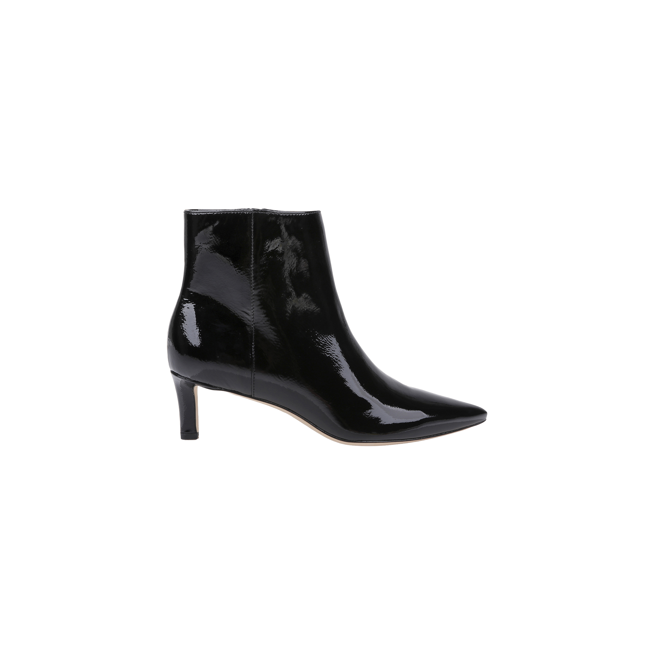 The Lilly Kitten-Heel Bootie, crafted from glossy black patent leather, features a pointed toe and a mid-height kitten heel, displayed in a side profile against a plain white background.