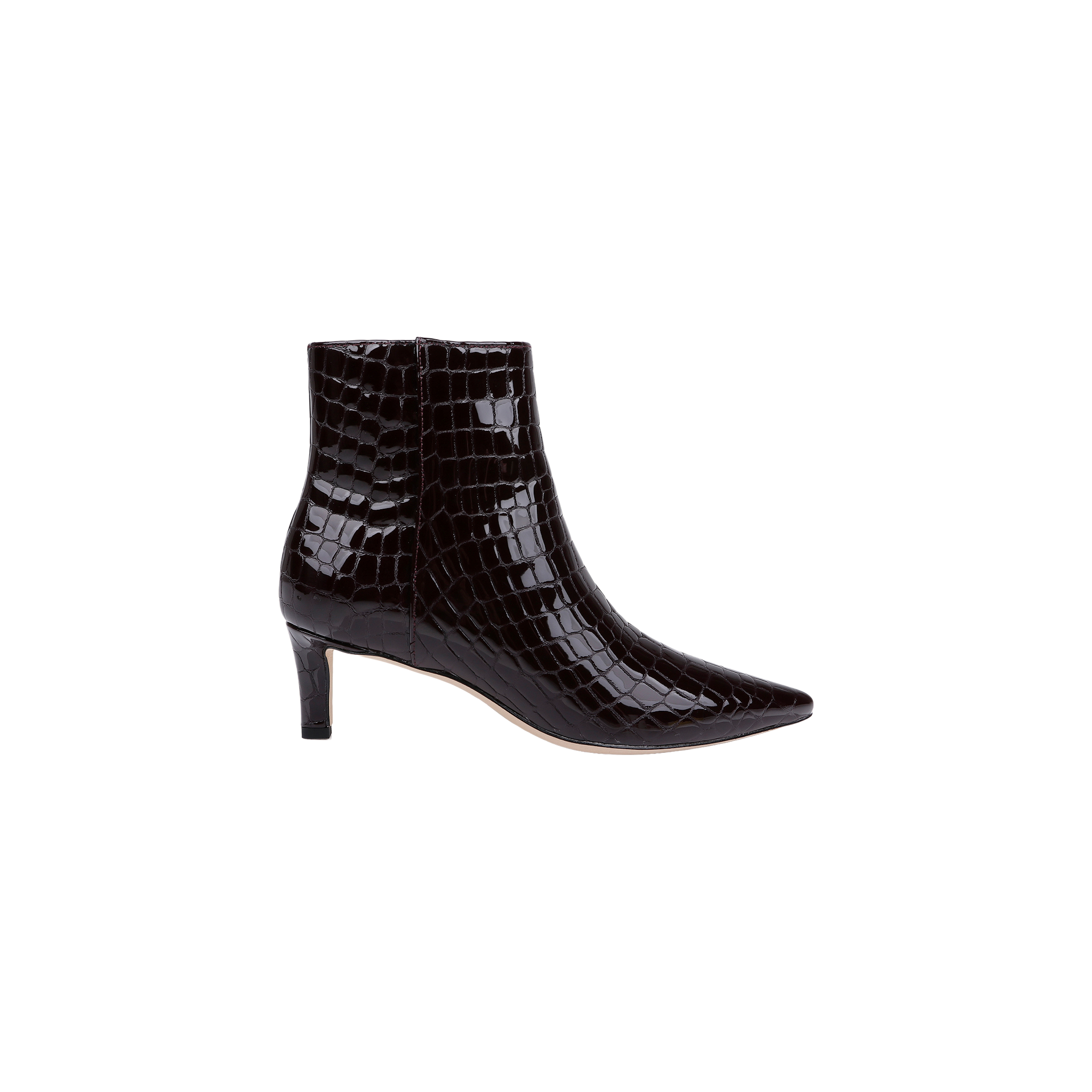 The Lilly Kitten-Heel Bootie, crafted from black crocodile-embossed leather, features a pointed toe and a mid-height kitten heel, and is displayed in profile against a plain white background.