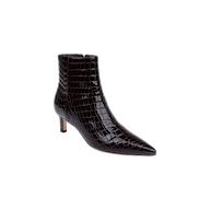 The Lilly Kitten-Heel Bootie is a dark brown, pointed-toe city boot featuring a low kitten heel and a glossy, crocodile-embossed leather texture, displayed against a plain white background.
