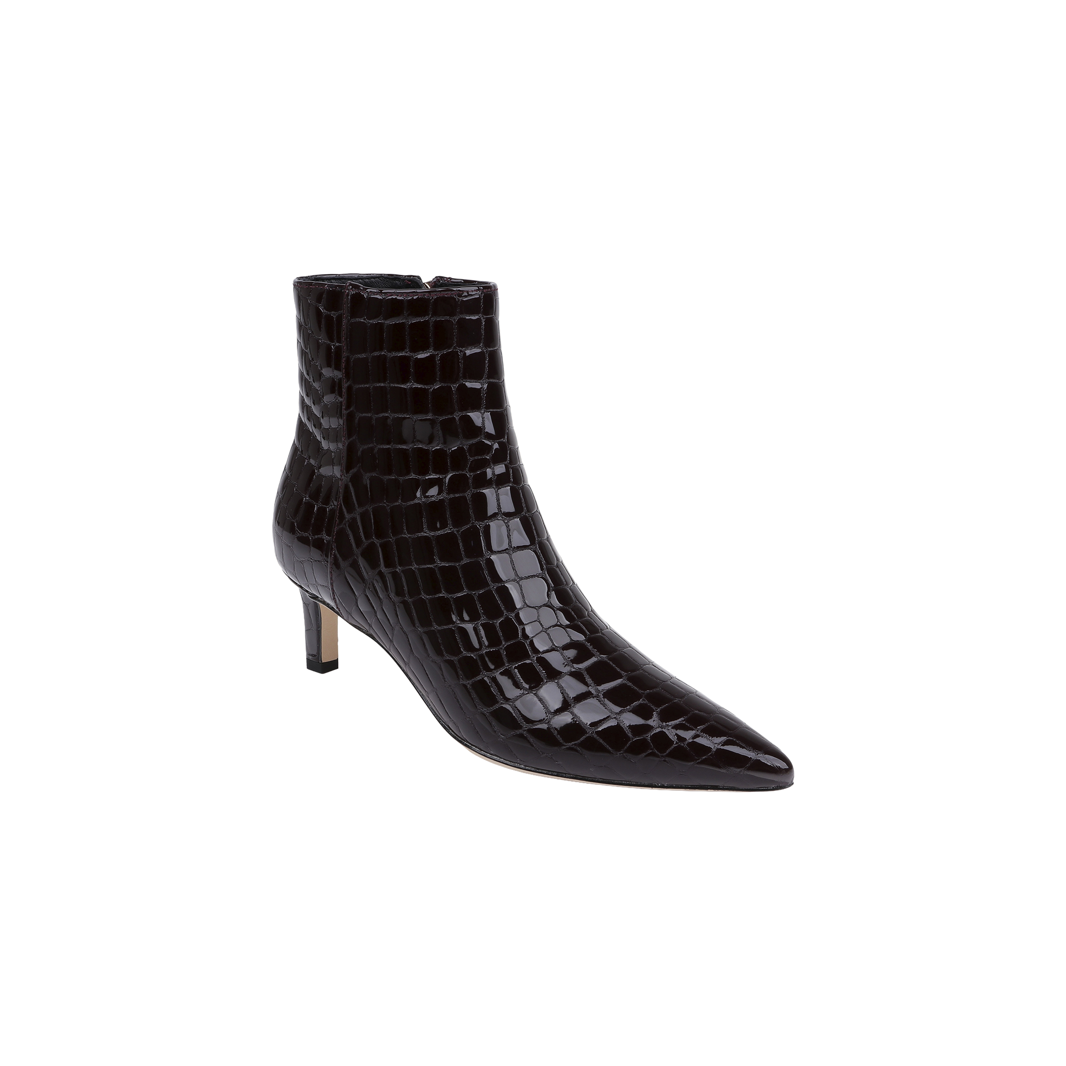 The Lilly Kitten-Heel Bootie is a dark brown, pointed-toe city boot featuring a low kitten heel and a glossy, crocodile-embossed leather texture, displayed against a plain white background.