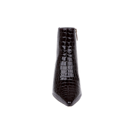 Front view of the Lilly Kitten-Heel Bootie in black, featuring crocodile-embossed leather, a pointed toe, kitten heel, and side zipper, set against a plain white background.