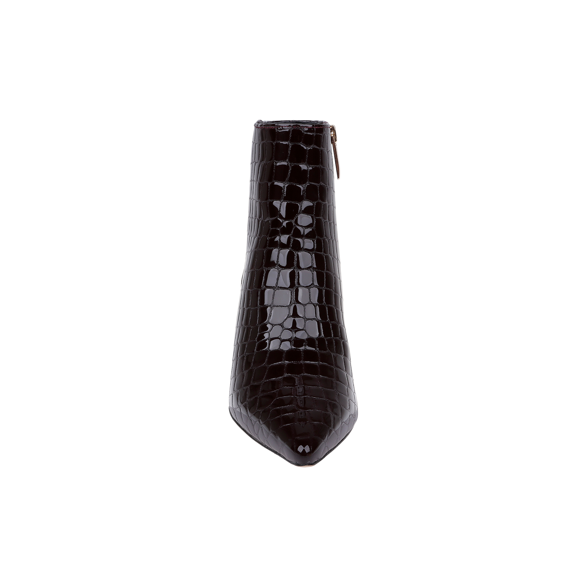 Front view of the Lilly Kitten-Heel Bootie in black, featuring crocodile-embossed leather, a pointed toe, kitten heel, and side zipper, set against a plain white background.