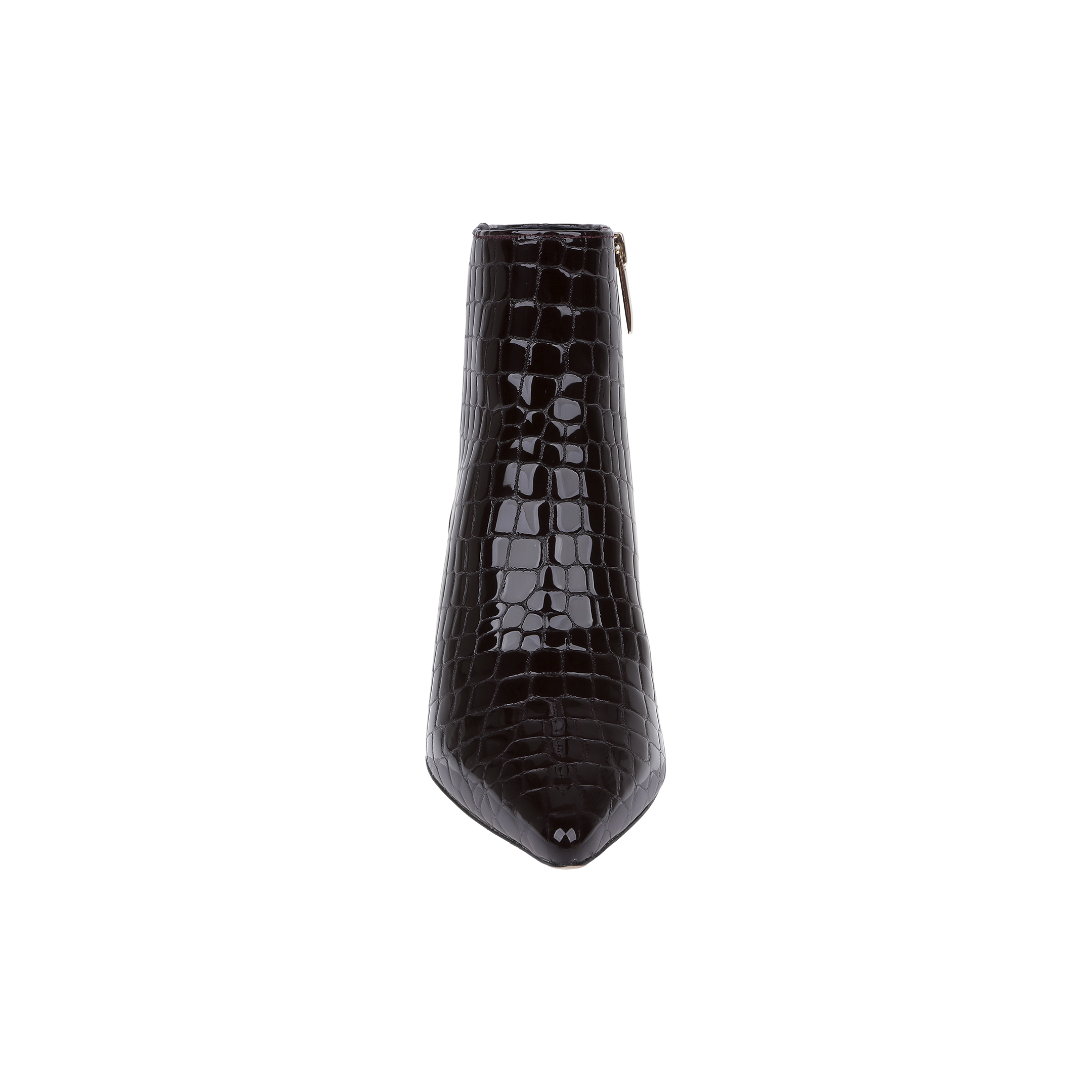 Front view of the Lilly Kitten-Heel Bootie in black, featuring crocodile-embossed leather, a pointed toe, kitten heel, and side zipper, set against a plain white background.